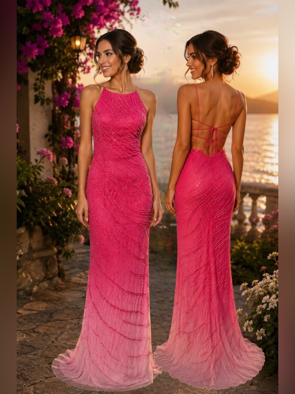 Y2K Silk Vintage Beaded Backless Prom Pageant Maxi Dress